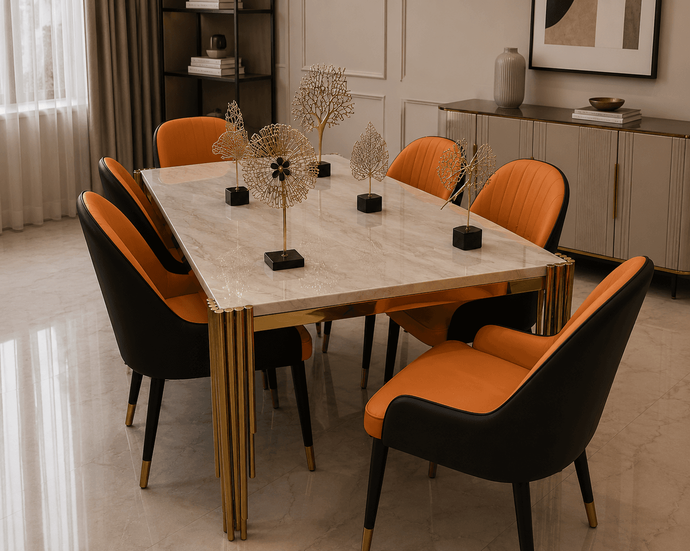 Table à manger rectangulaire en céramique effet marbre avec pieds dorés