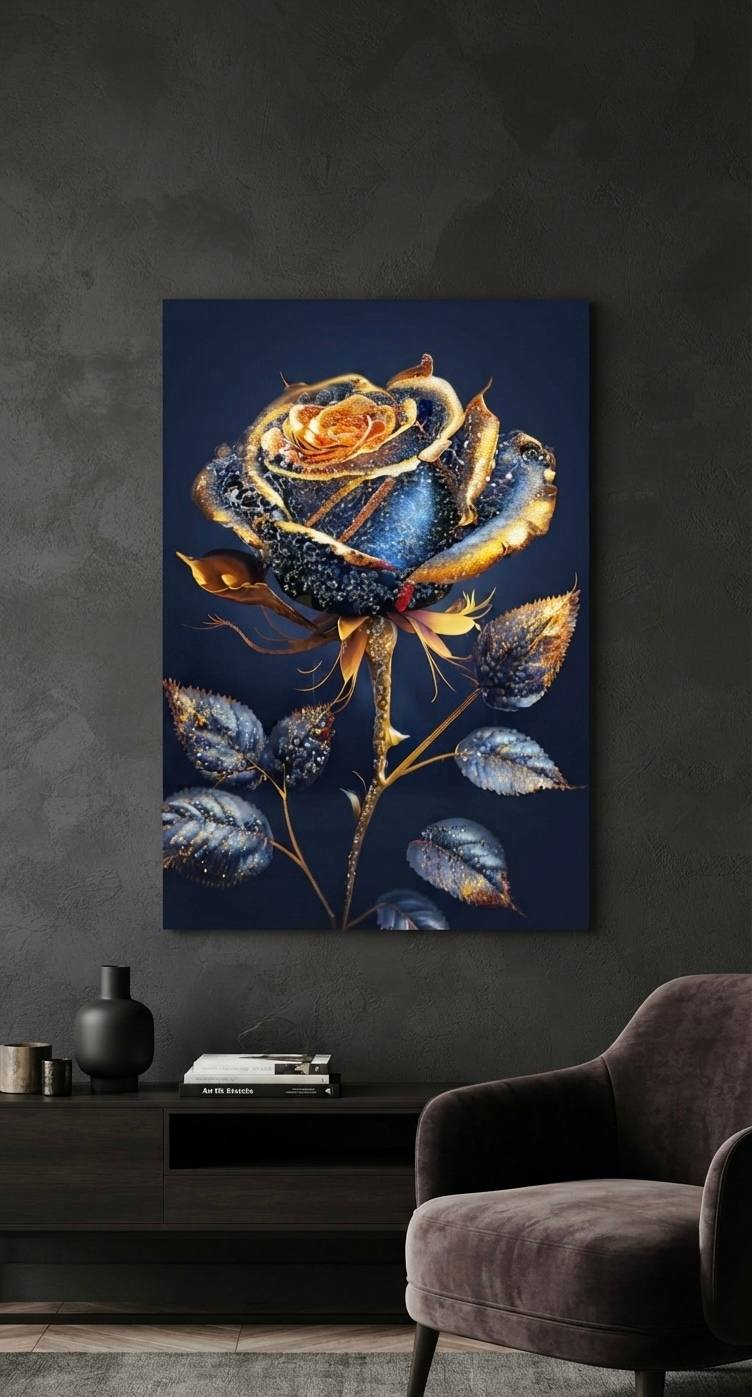 Tableau Mural Artistique Rose Bleue Nuit et Pétales aux Reflets Dorés
