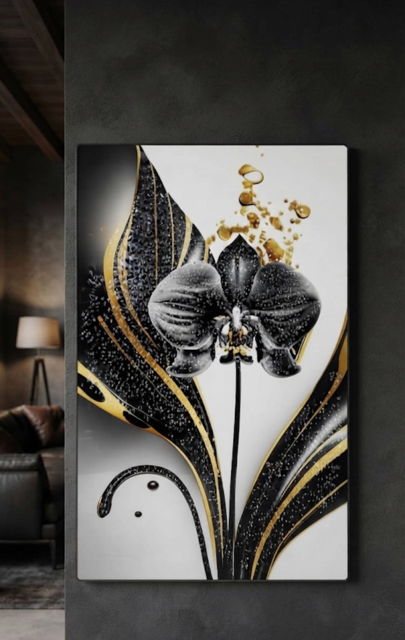 Tableau Murale Contemporain Orchidée Noire et Lisérés Dorés