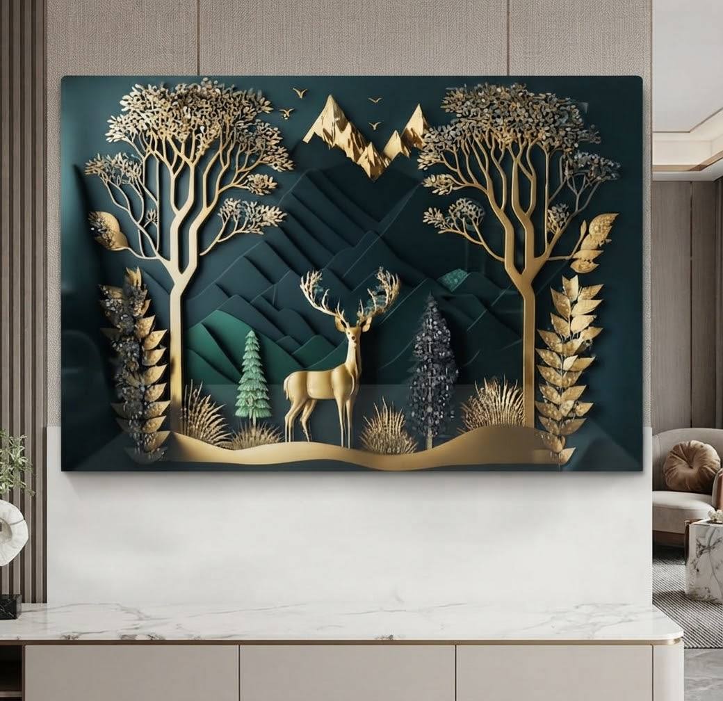 Tableau Mural Relief 3D Paysage Forestier avec Cerf Majestueux et Arbres Dorés